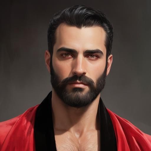 Hirsute Man in Red Velvet Robe: Gouache Impressionist Portra...