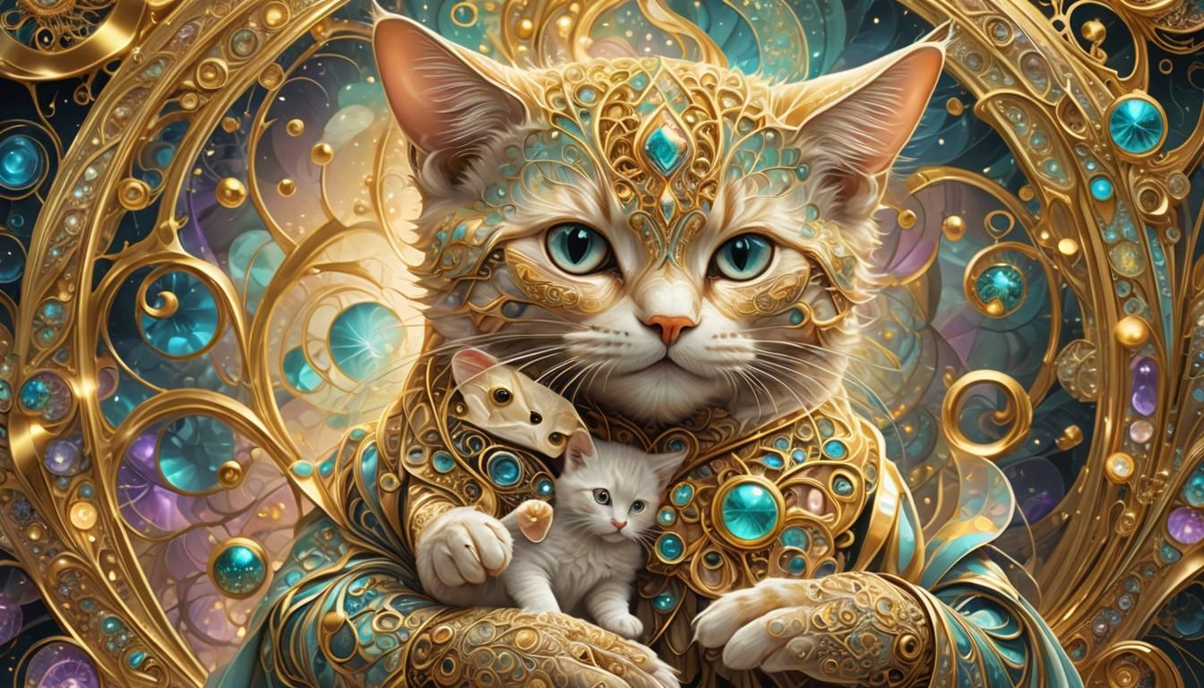 Golden Magician with Baby Cat in Fractal Fantasy