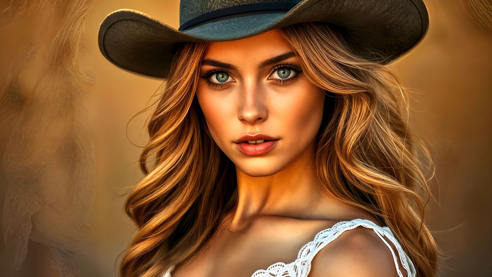 Elegant Woman in Cowboy Hat and Lace Dress, Set Against a Wa...