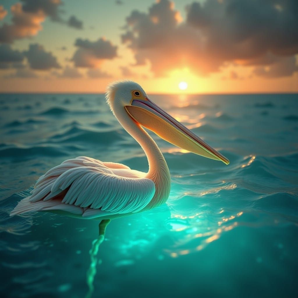 Pelican's Bioluminescent Encounter: A Fantasy Realism Scene