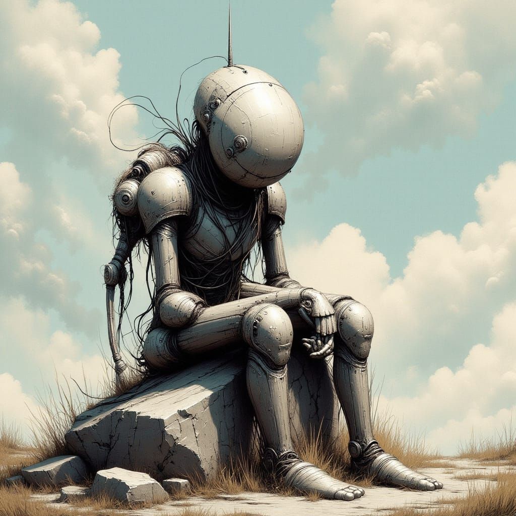 Weathered Robot on Rock, Comic Book Style