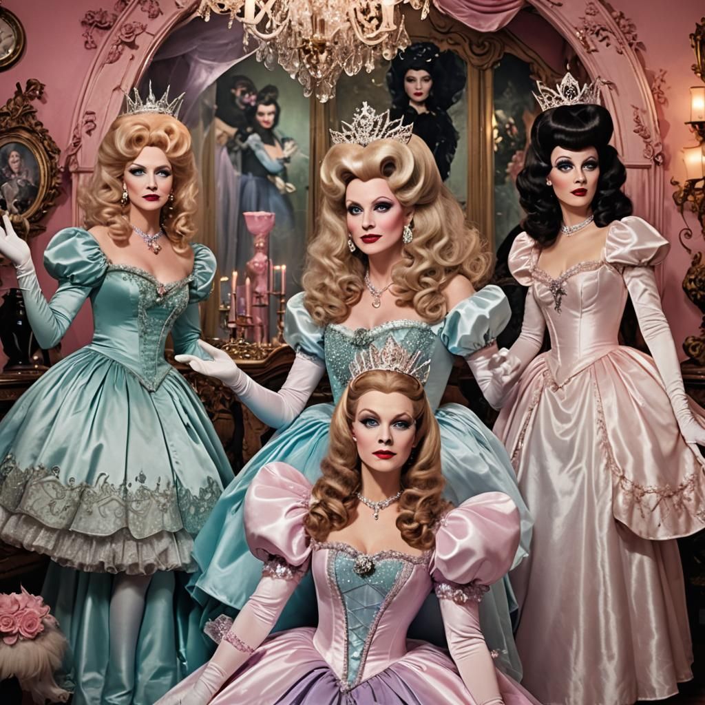 Satin Wonderland: Three Witches in Extravagant Costumes