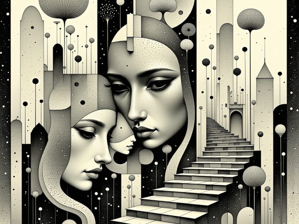 Surreal Carnival Scene in Escher-Inspired Art Nouveau Style