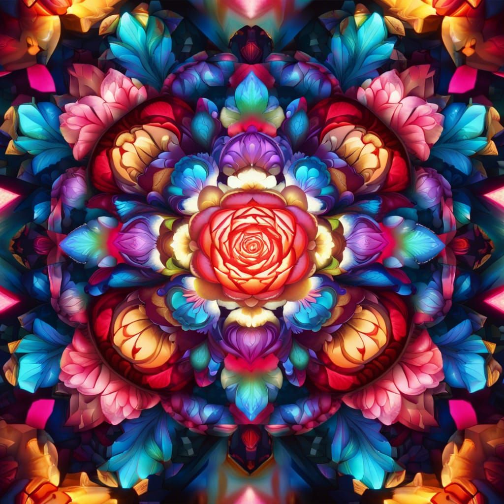 Glowing Crystal Mandala with Rose Petals in Japanese Style