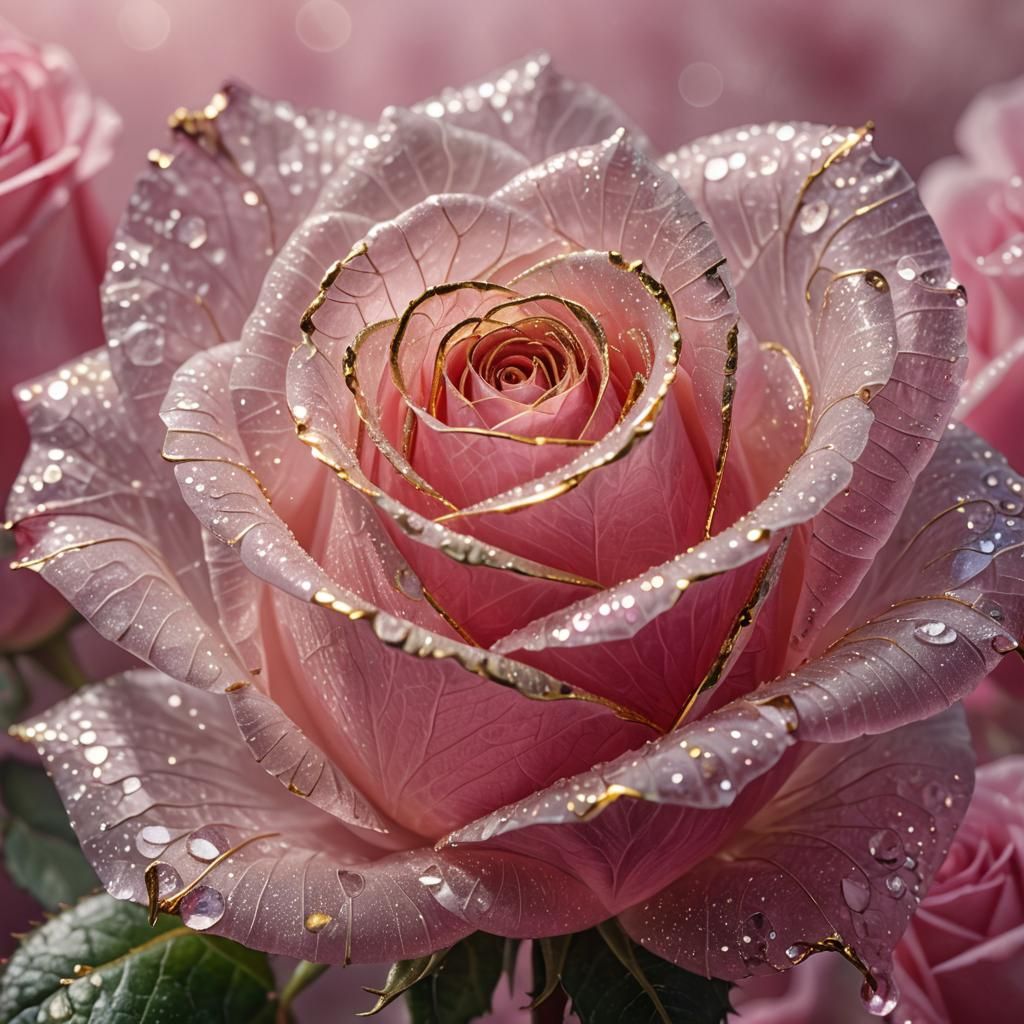 Pink Crystal Rose with Gold Trim in Magical Realism