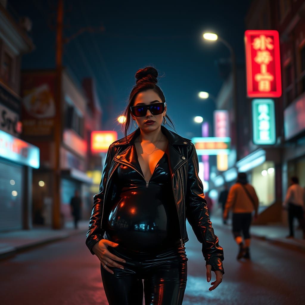 Chrome-Clad Pregnant Survivor in Cyberpunk Cityscape