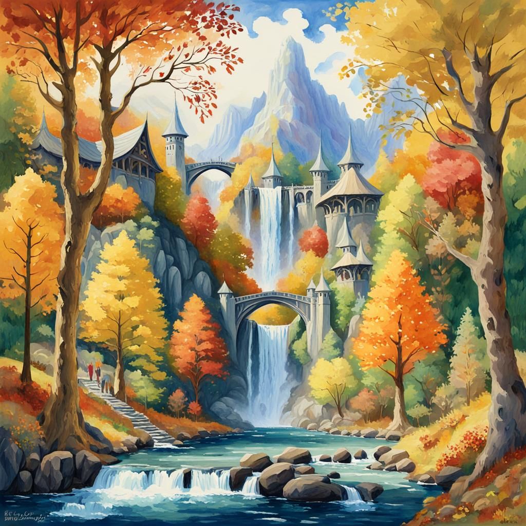 Rivendell Waterfalls: Autumnal Elven Gouache Painting
