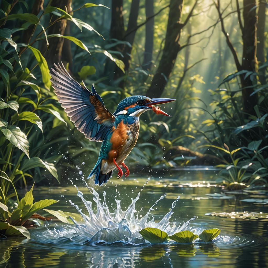 Kingfisher Diving in Sunlit Forest Pond
