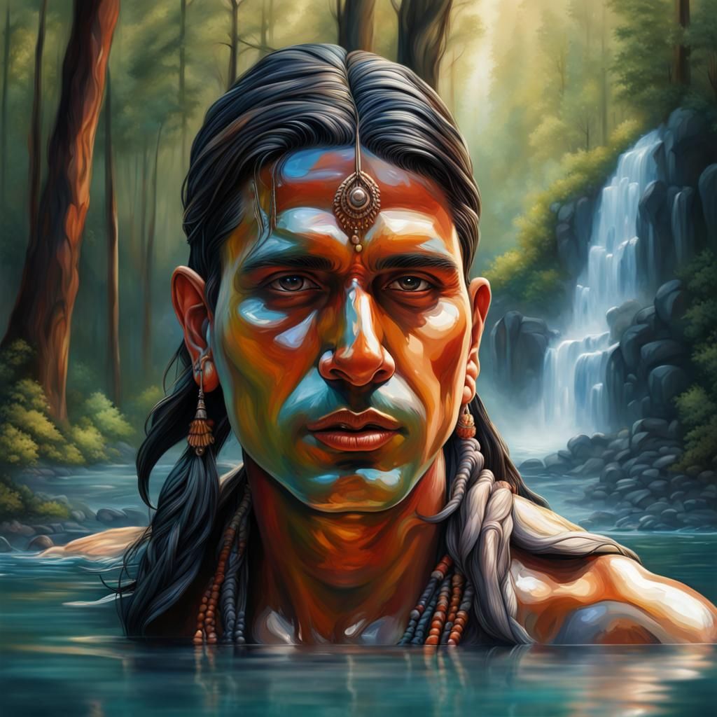 Glass Man with Forest Waterfall, Hyperrealistic Art