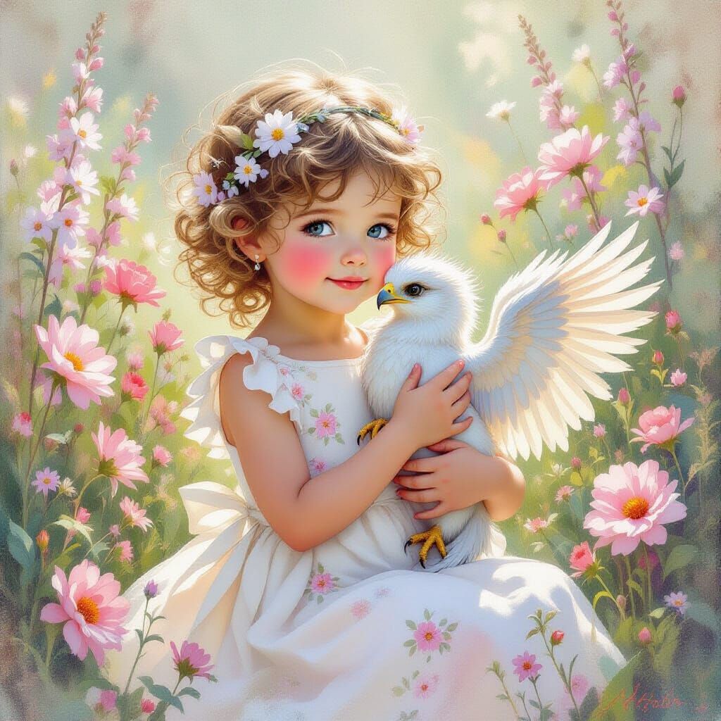 Child Holds Griffin in Whimsical Watercolor Garden