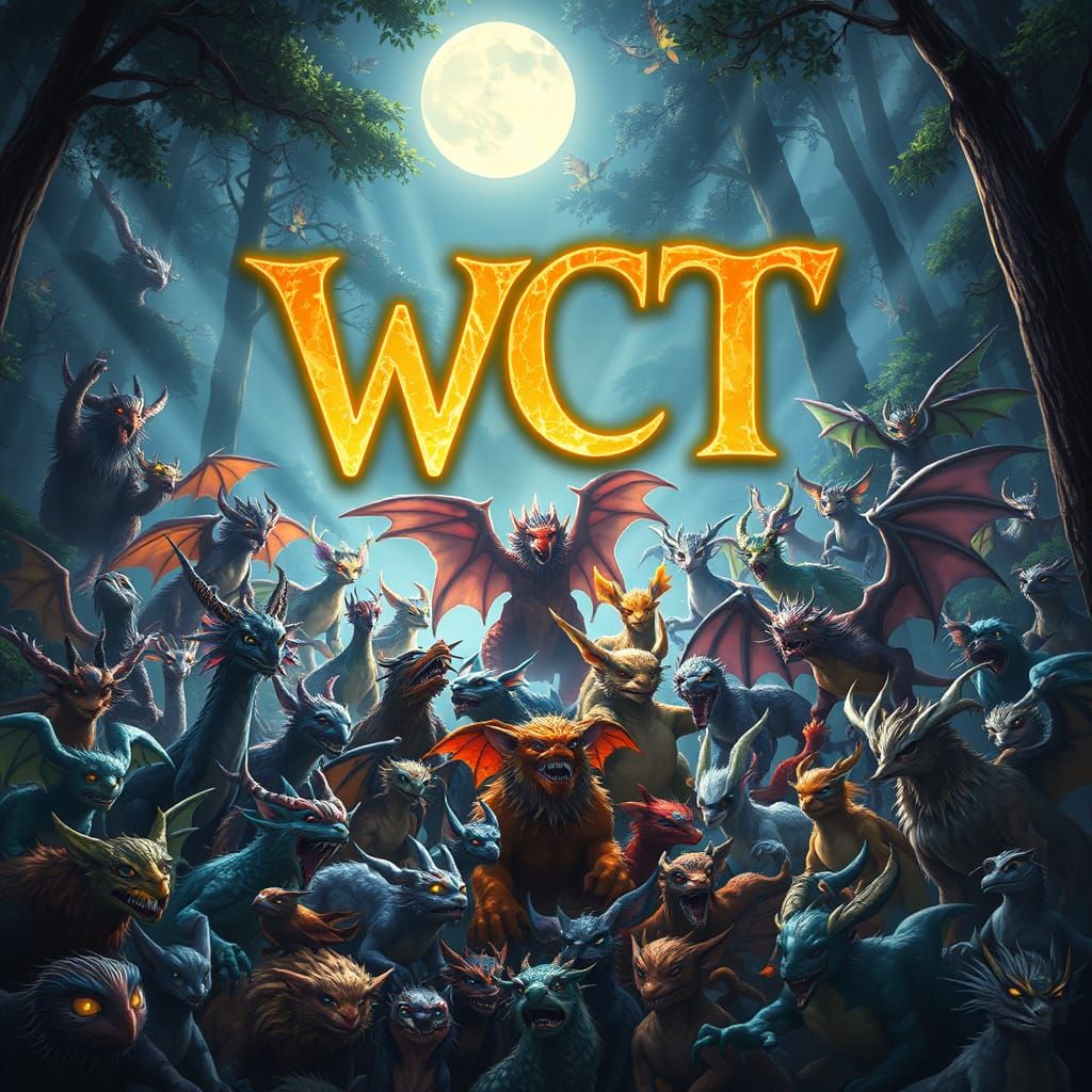 100 Mythical Creatures in Moonlit Forest with WCT Text
