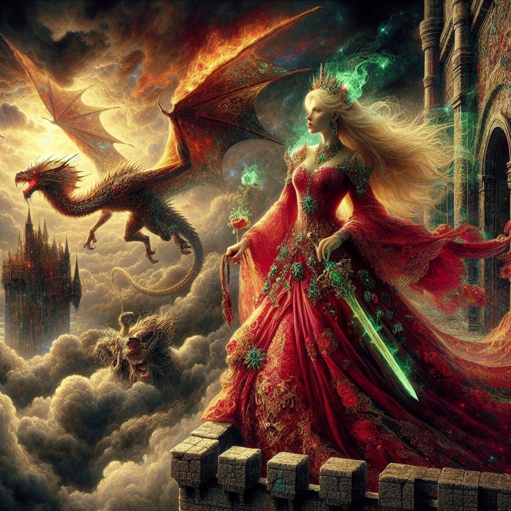 Vampire Princess and Dragon Under Stormy Sky