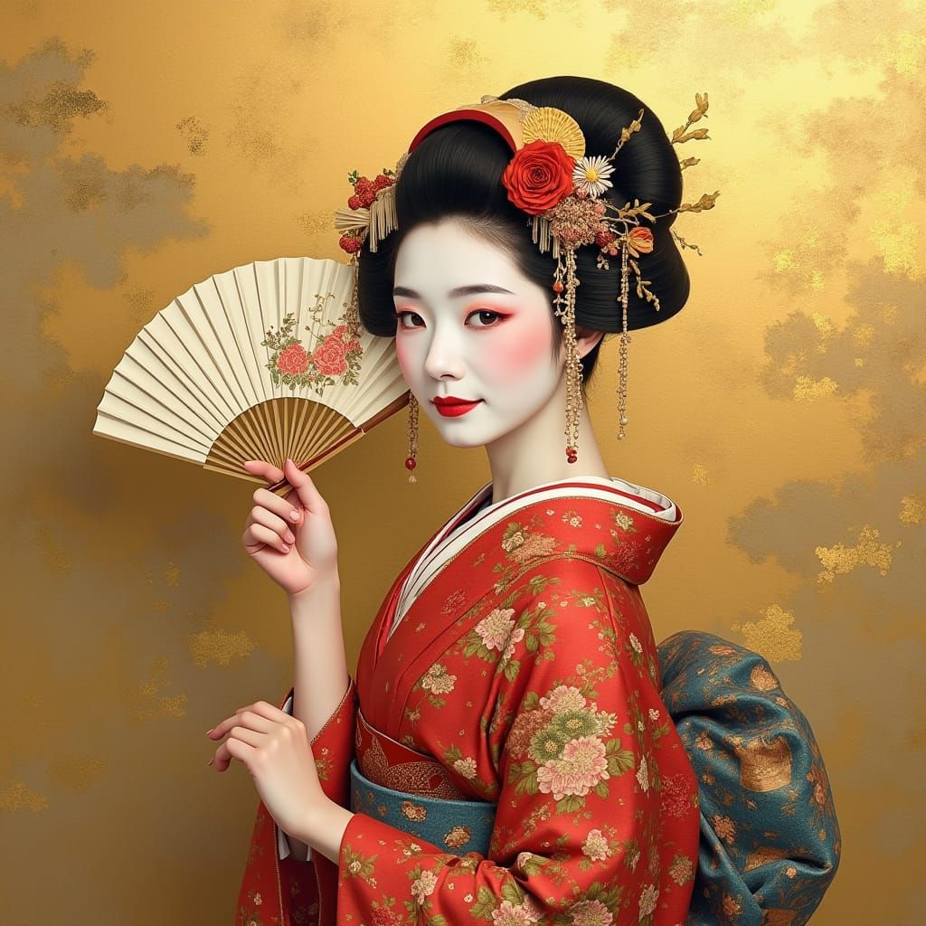 Elegant Maiko in Traditional Japanese Art Backdrop