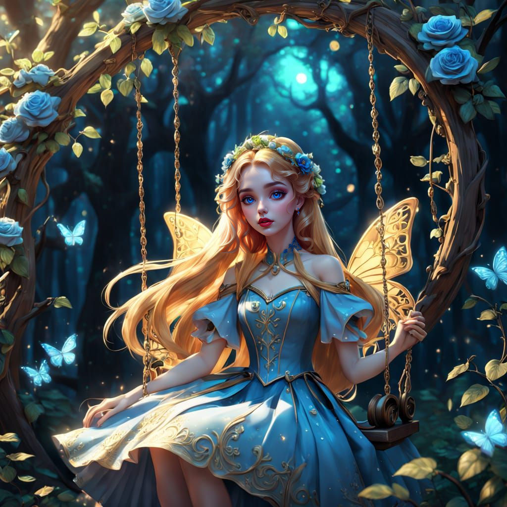 Disney Princess in Enchanted Forest with Golden Hair and Blu...