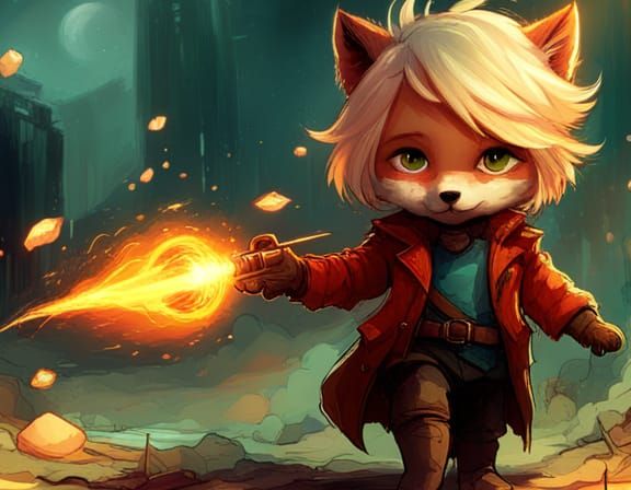 Chibi Fox Superhero Manipulating Fireballs