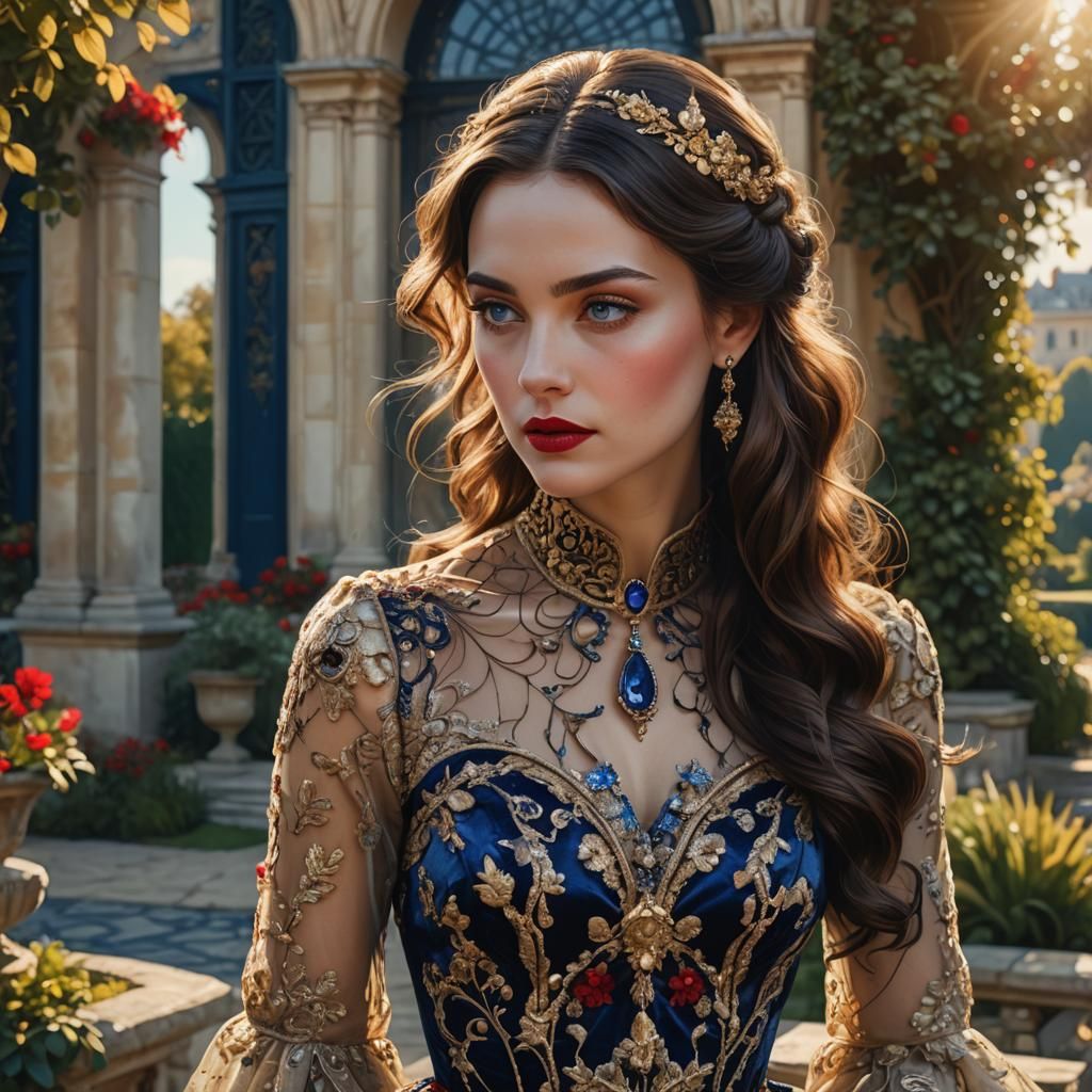 Elegant Woman in Palace Garden, Art Nouveau Style