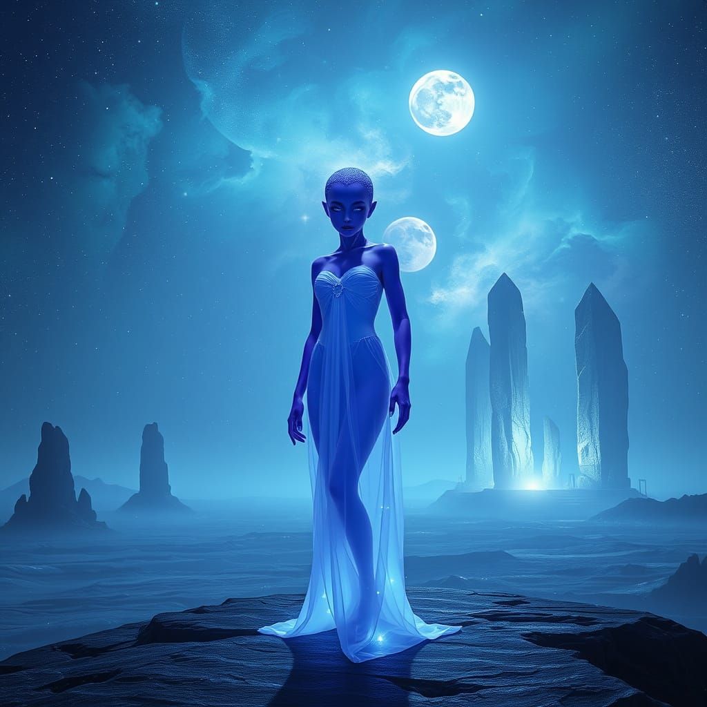 Bioluminescent Alien Woman on Obsidian Plateau