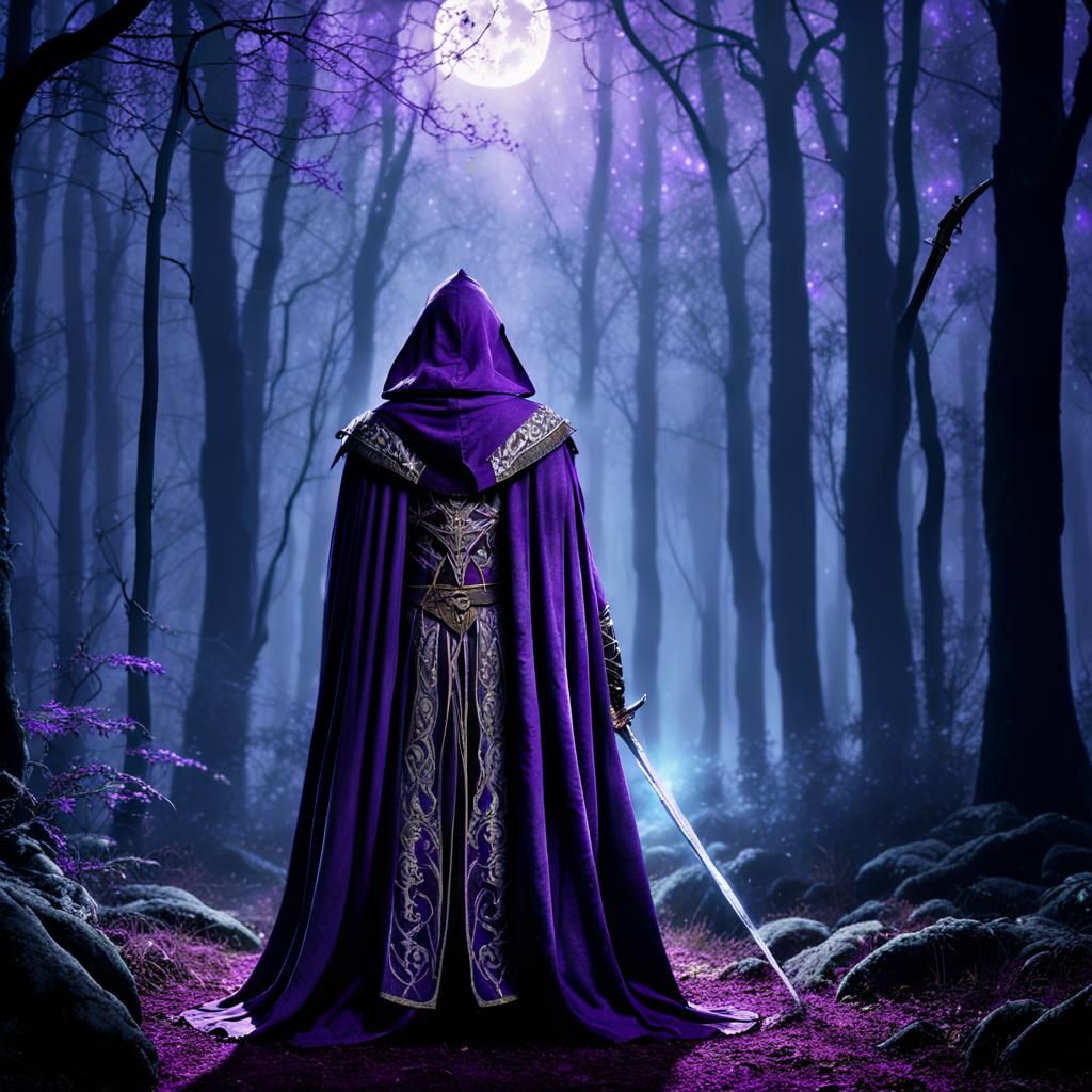 Hero in Purple Cloak in Misty Moonlight Forest