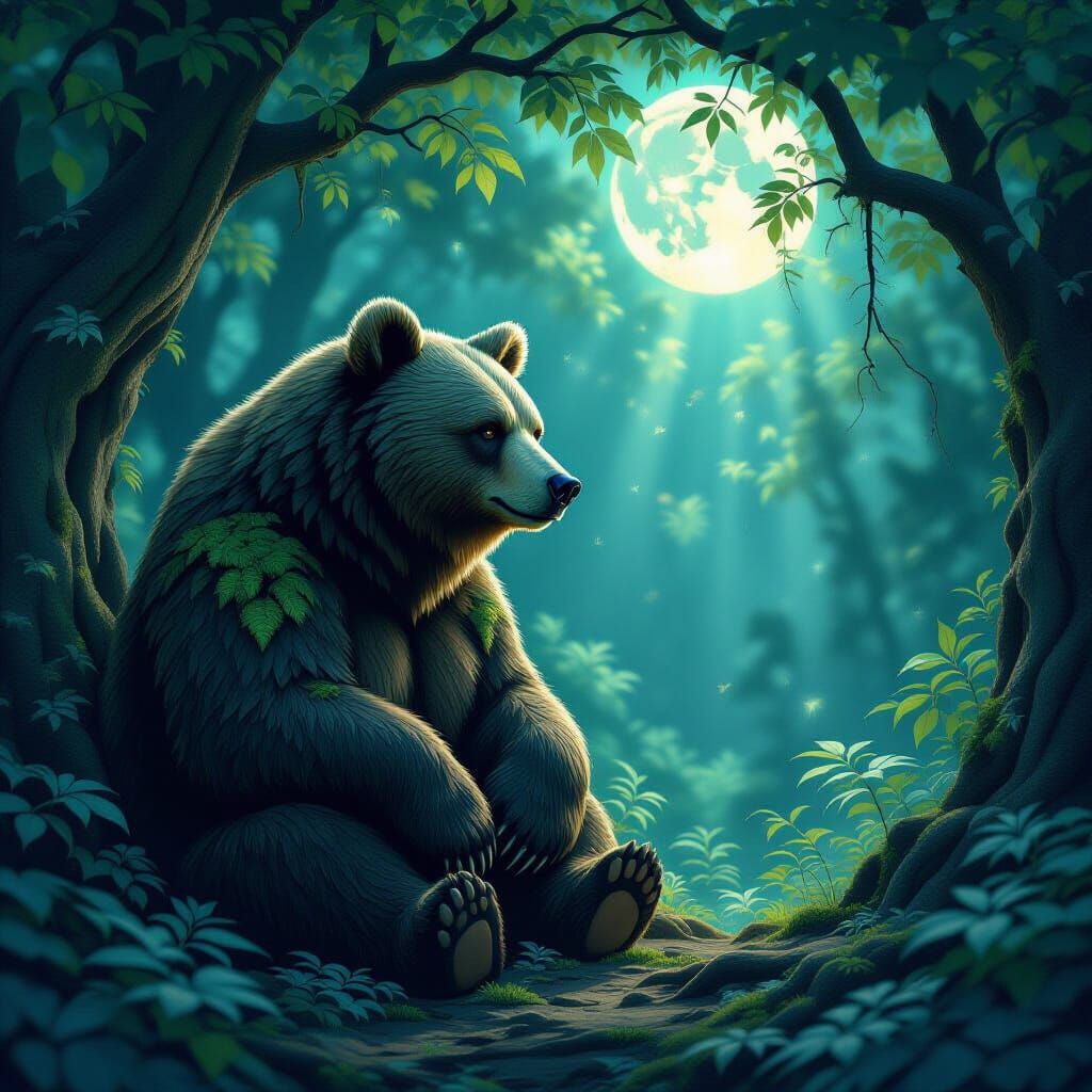Oak Bear Guardian in Moonlit Grove, Bioluminescent Moss
