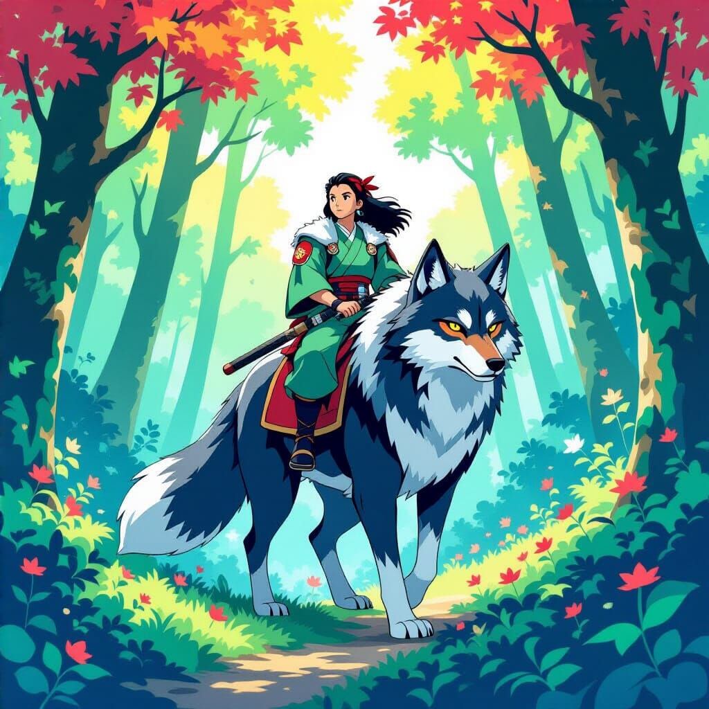 Ashitaka Rides a Wolf-God Through Mystical Forest