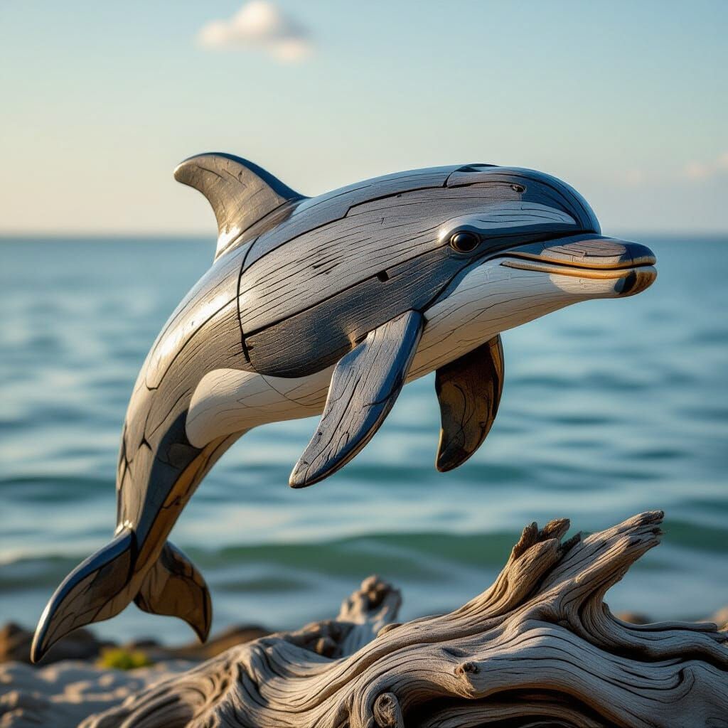 Driftwood Dolphin Sculpture in Organic Style