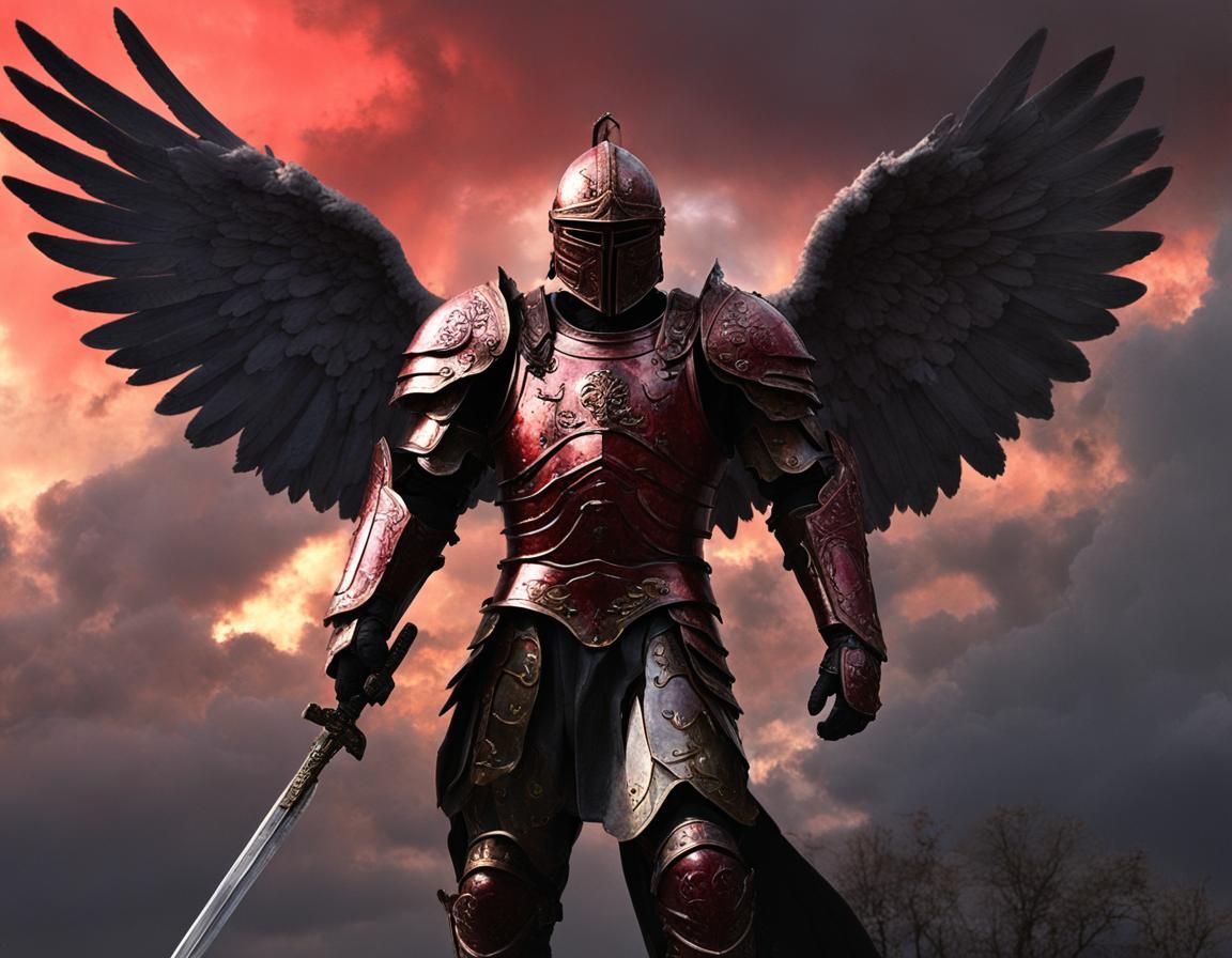 Armored Angel Silhouetted Against Crimson Storm