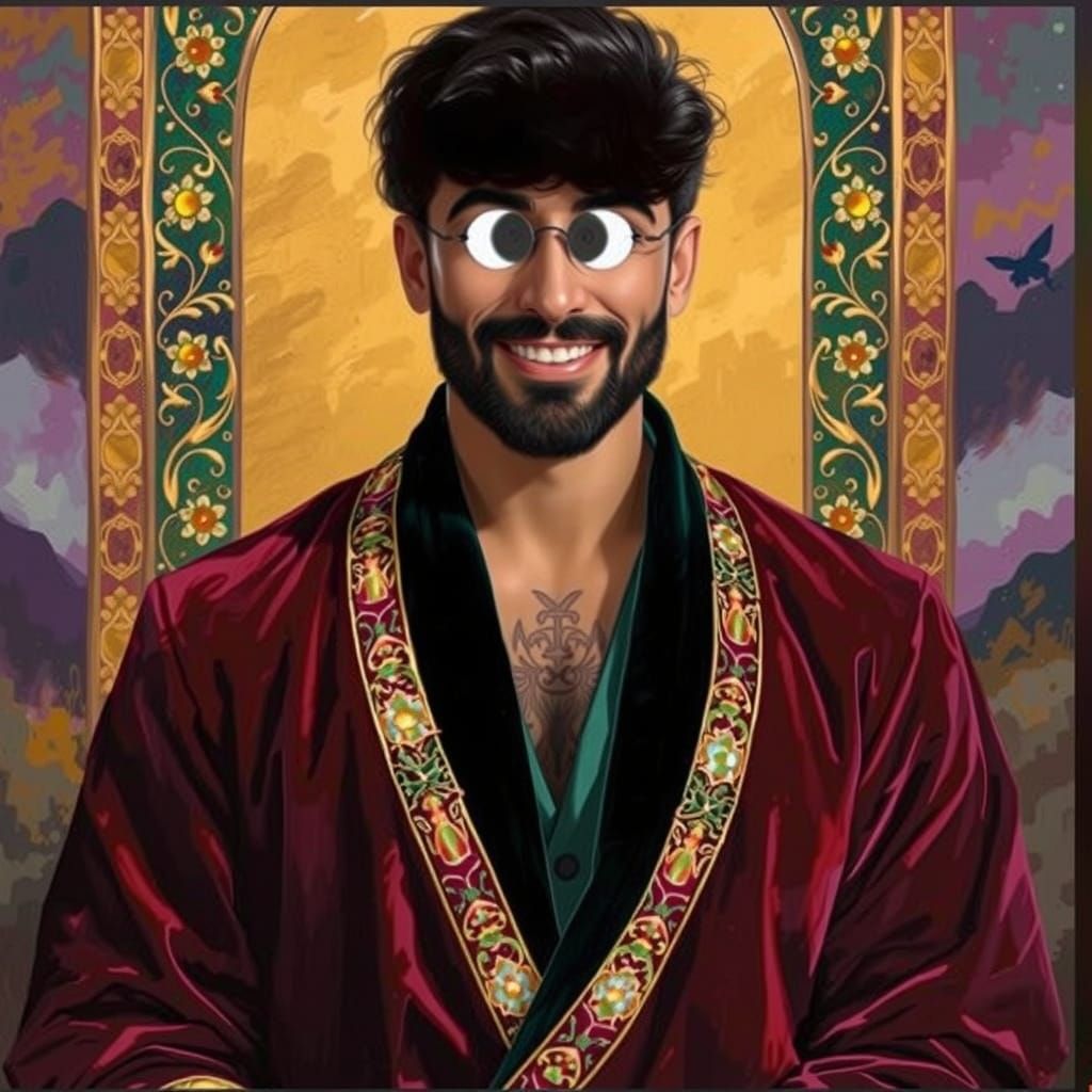 Goofy Cross-Eyed Man in Bathrobe, Matte Painting Style