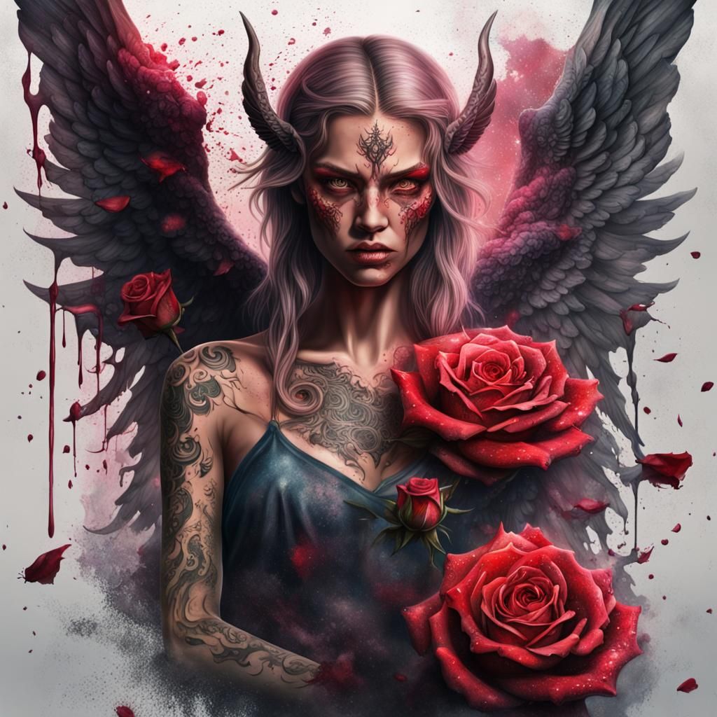 Demon Angel with Rose Splash: Hyperrealistic Digital Art