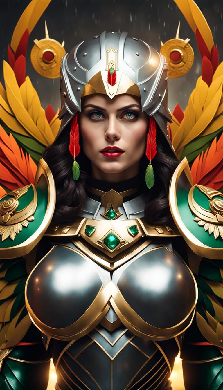 Woman in Cybernetic Armor with Aztec Headdress