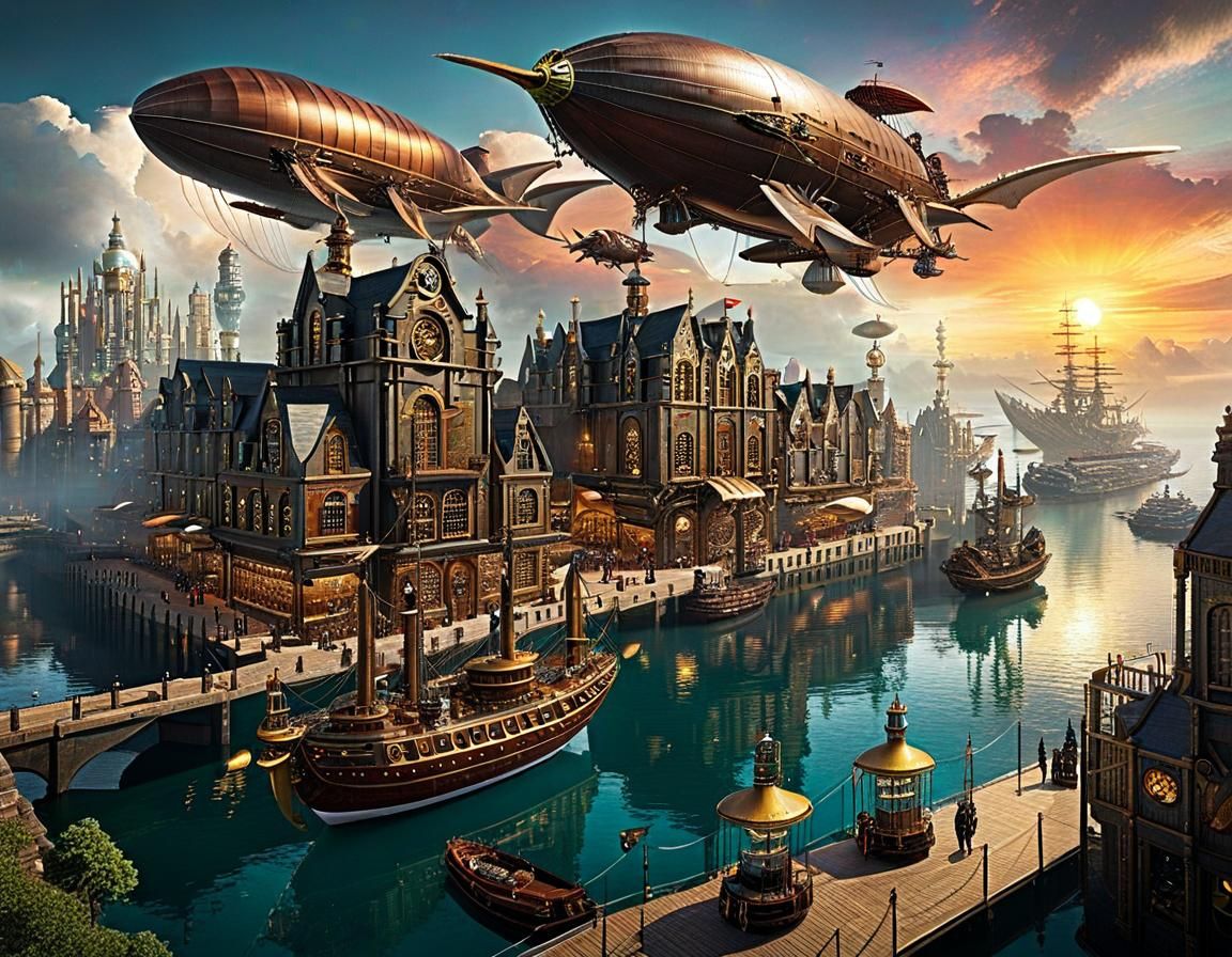 Steampunk Harbor with Airships and Dragons at Sunset