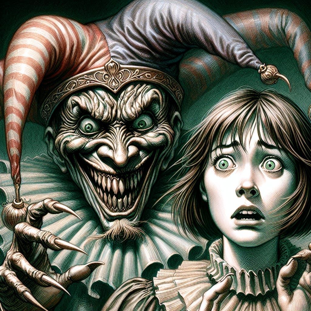 Creepy Jester Pursues Woman in Gothic Horror