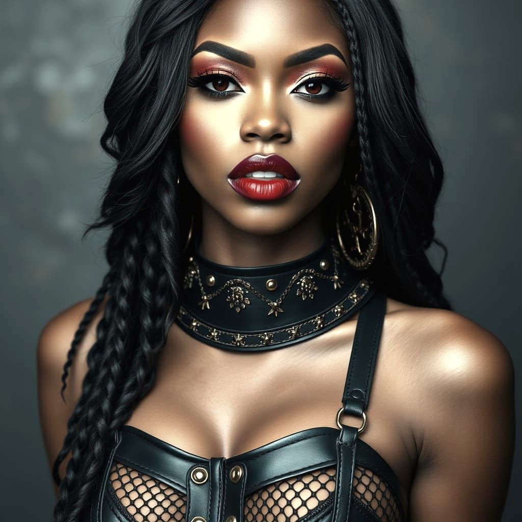 Gothic Hyperrealistic Black Woman in Leather Corset