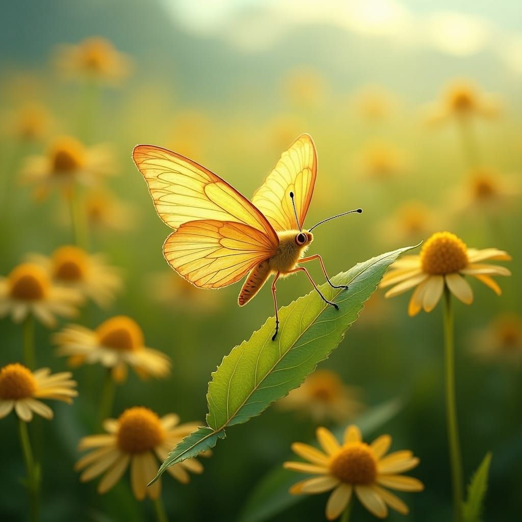 Yellow Butterfly Over Green Leaf in Dreamy Style