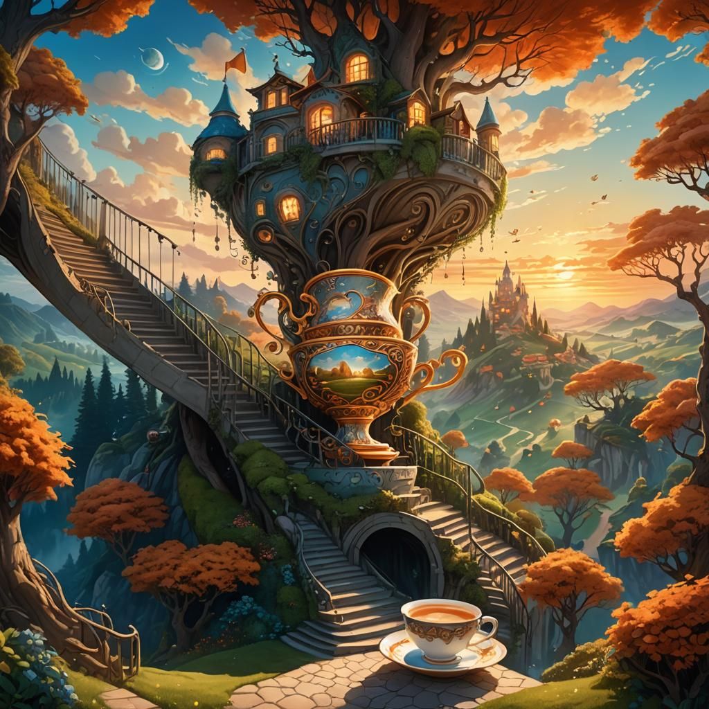 Football Ground in Teacup Under Sunset Sky