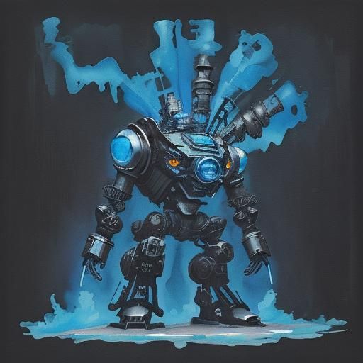 Steampunk Robot in Gouache Style Against Forest