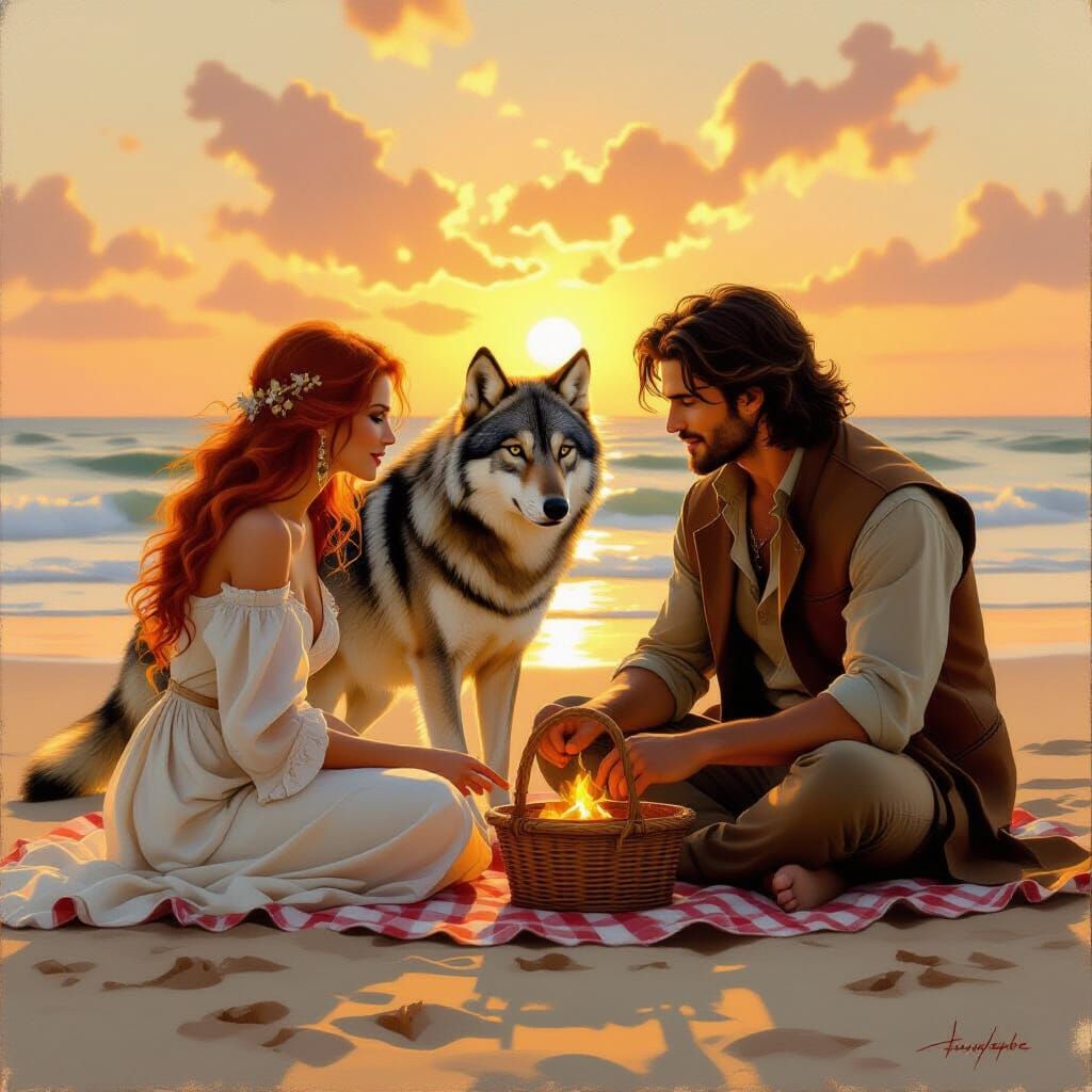 Leo and Aries Picnic on Beach with Wolf, Romantic Oil Painti...
