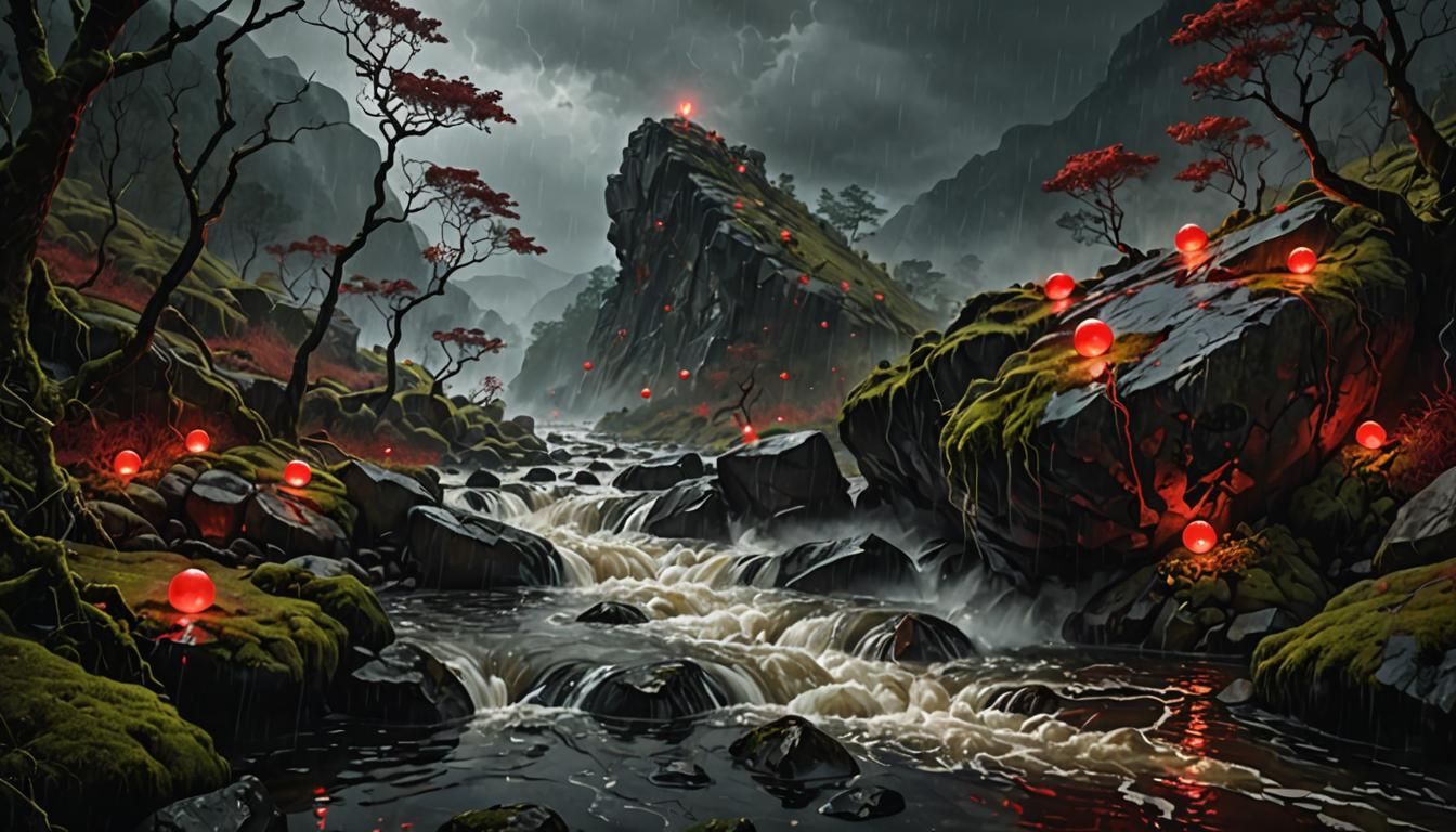 Night Mountain Stream with Red Orbs: Digital Art