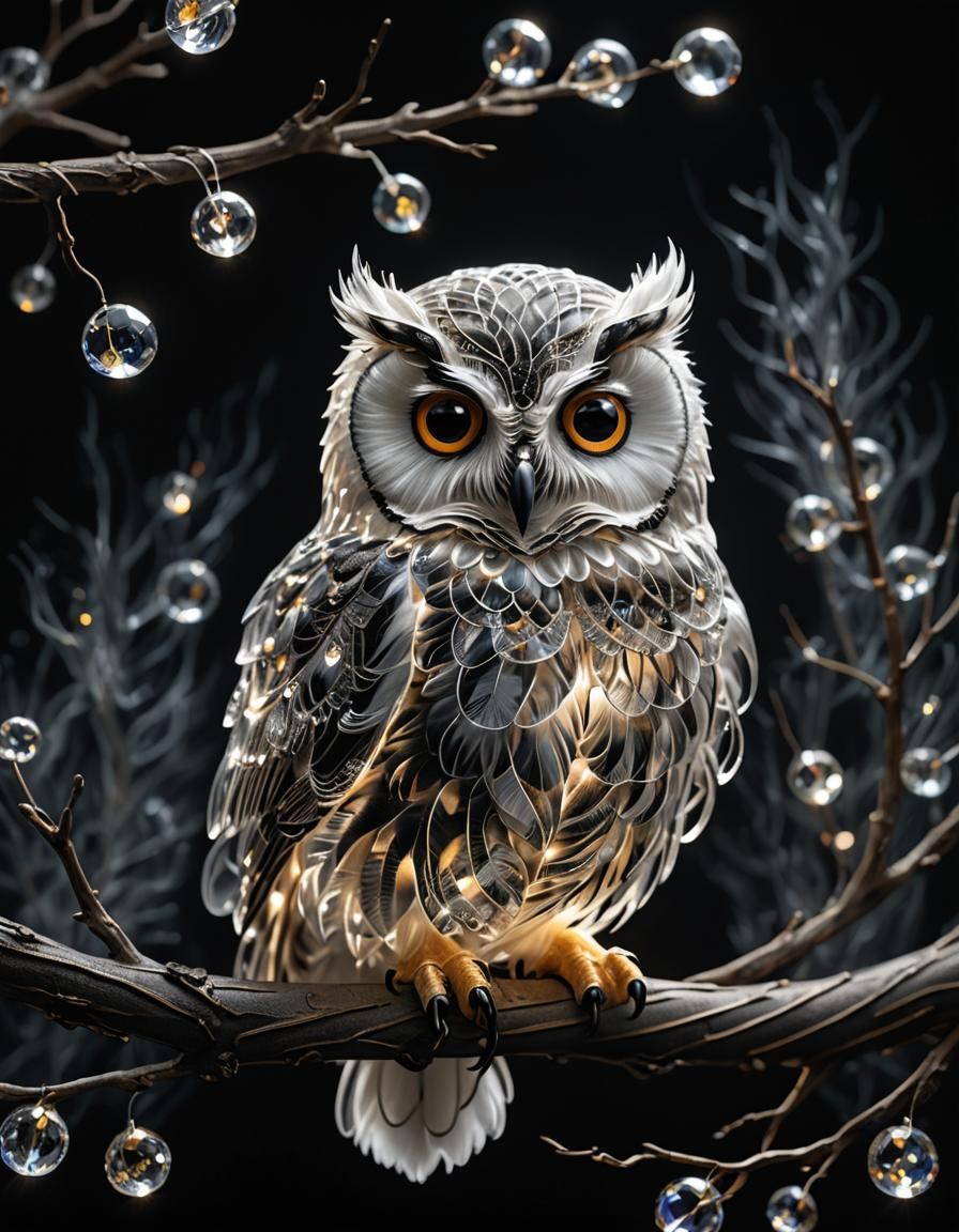 Hyperrealistic Crystal Owl with Glowing Wires