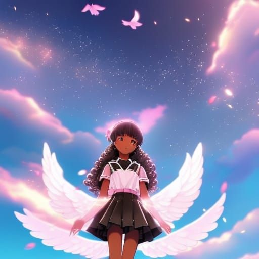 Dreamy Black Girl Floating in Anime Style