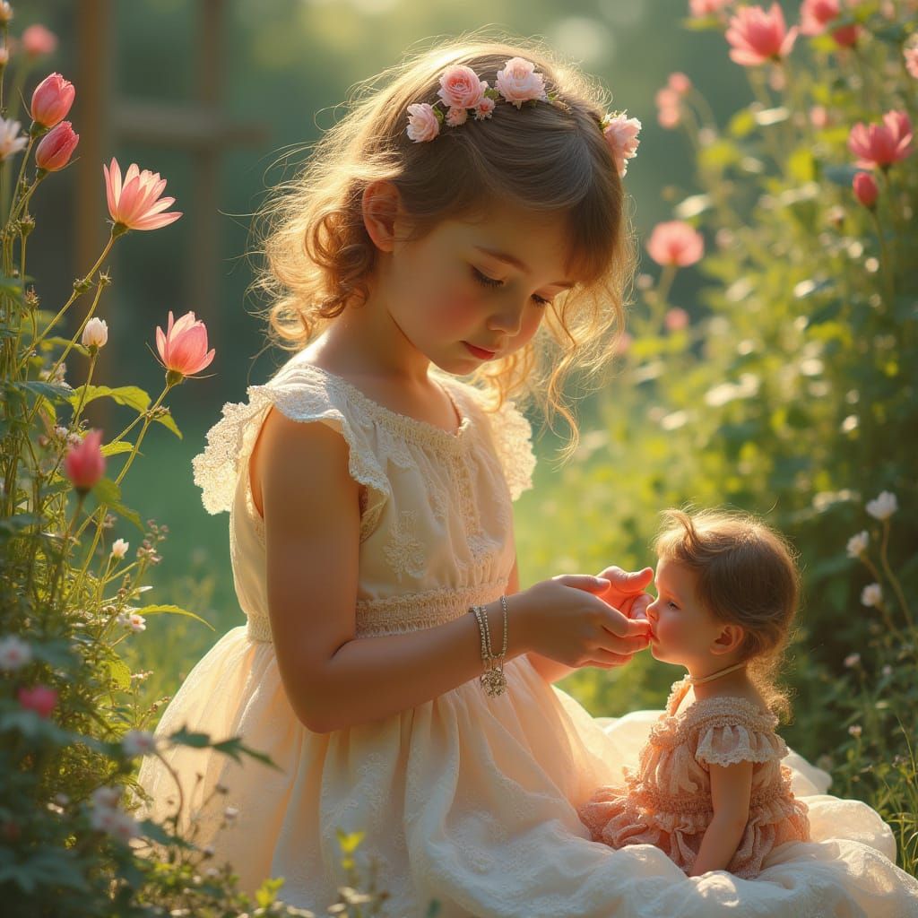 Serene Childhood Moment in Impressionist Oil Painting