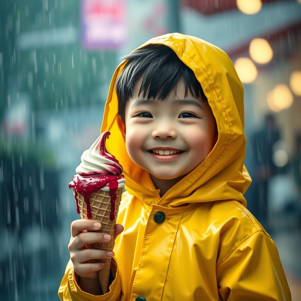 Boy with Ice Cream in Summer Rain: Cinematic Style