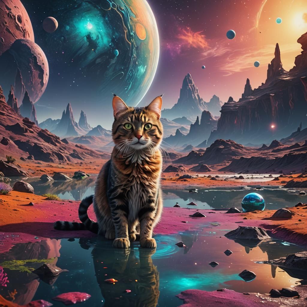 Cat on Alien Planet with Moons, Fantasy Art