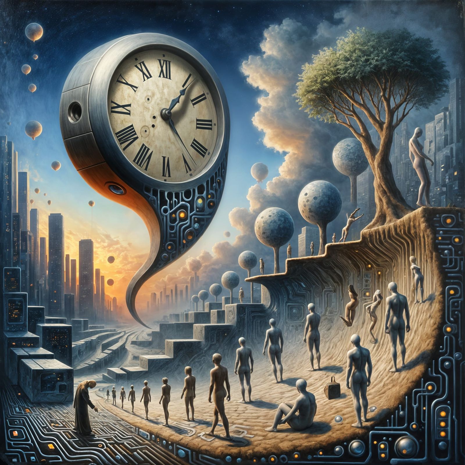 Surreal Futuristic Cityscape with Floating Clock