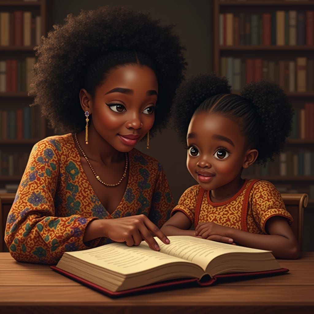 African Girl Learns About Audit with Mother in Cozy Library