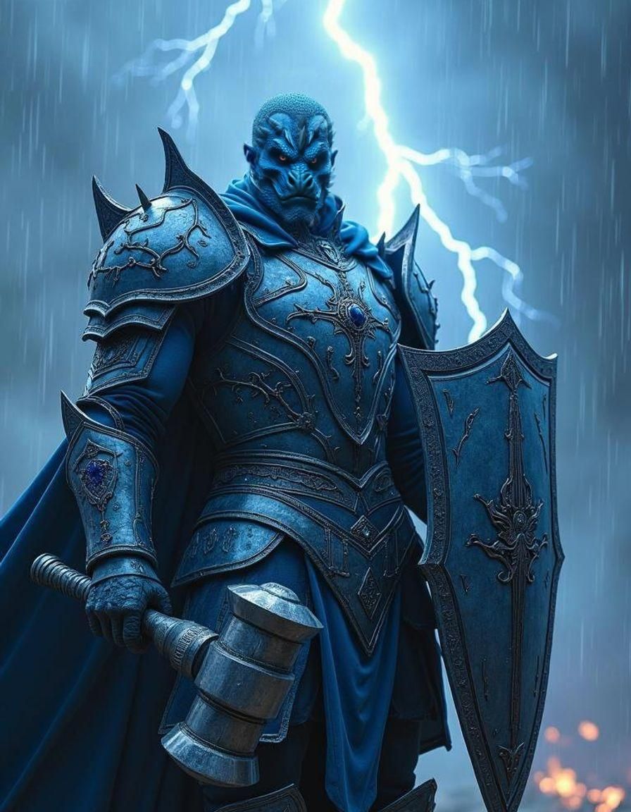 Epic Blue Dragonborn Fighter in Stormy Setting