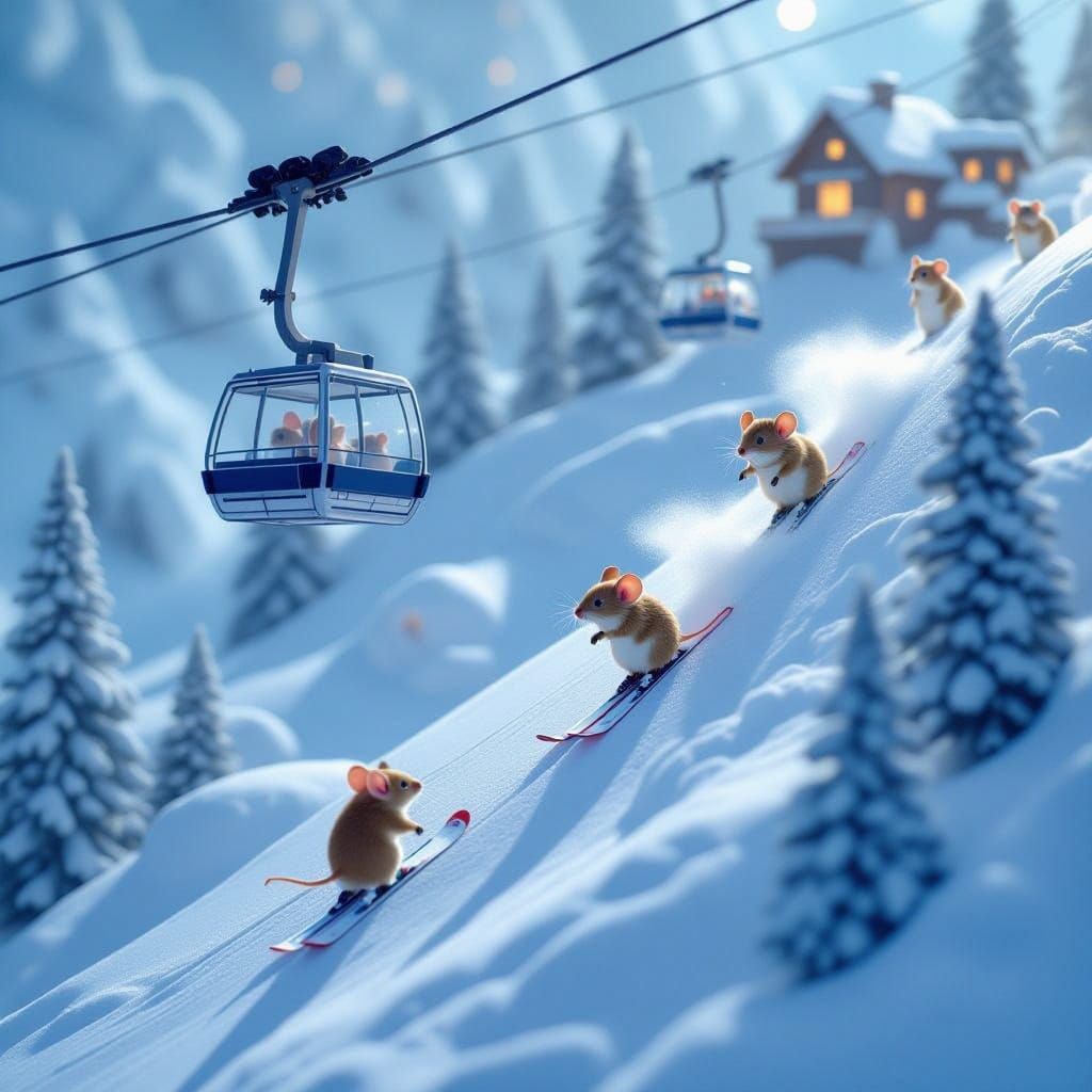 Mice Skiing in Freezer, Cozy Digital Art