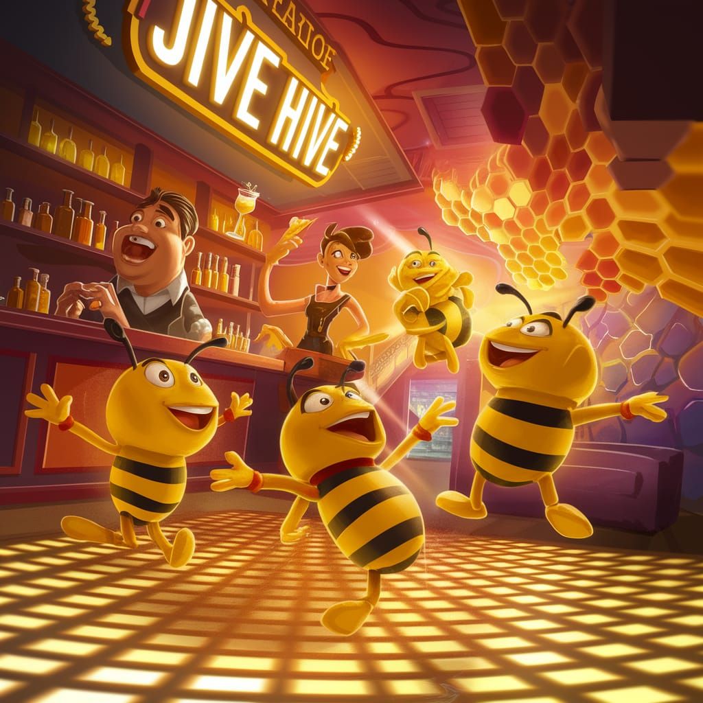 Whimsical Bees Dance in the Jive Hive, Served by a Cartoon B...