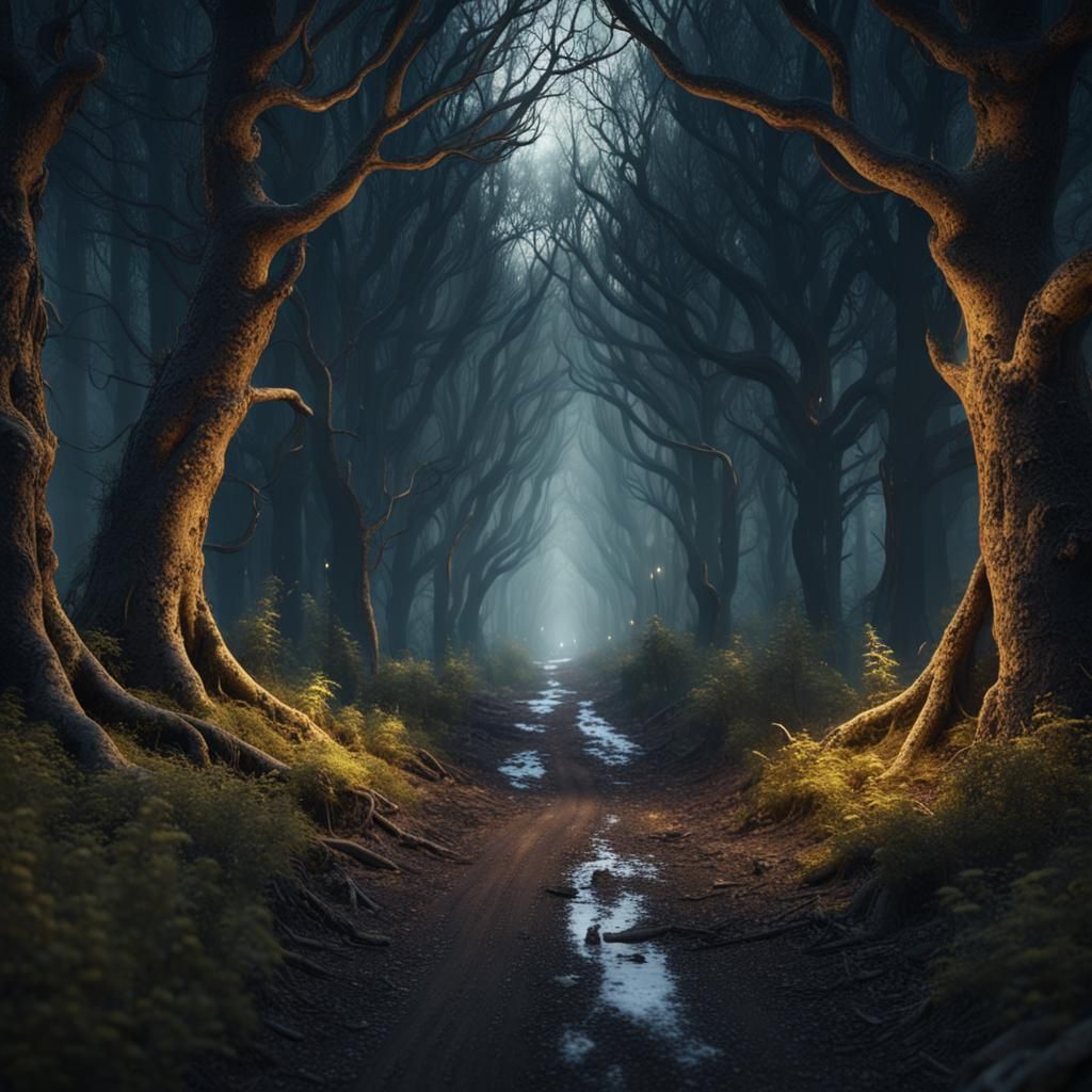 Eerie Midnight Forest Road in Detailed Matte Painting