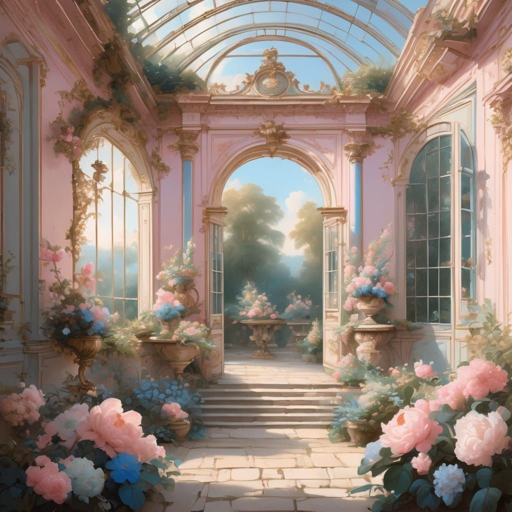 Elegant Rococo Garden in Vibrant Oil Painting Style