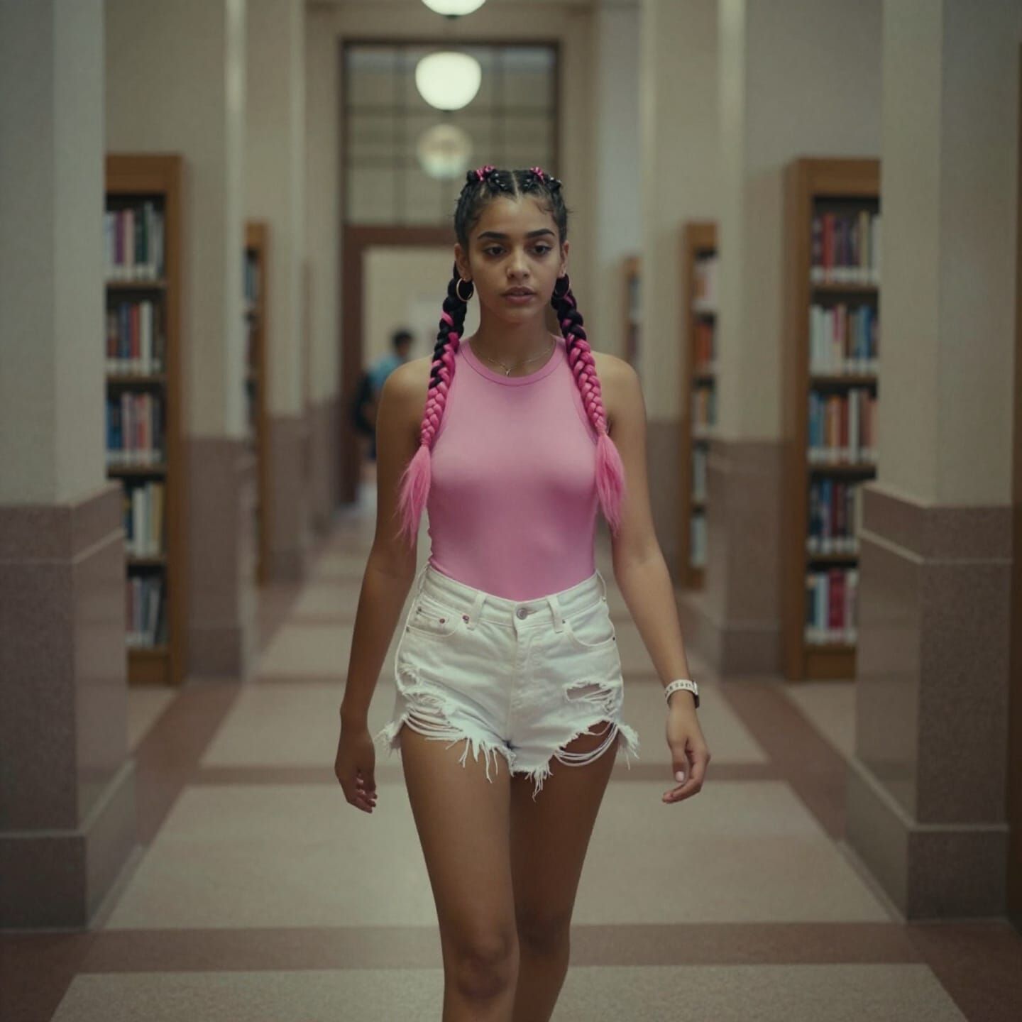 Punk Girl in Pink and Black Hair at LA Library